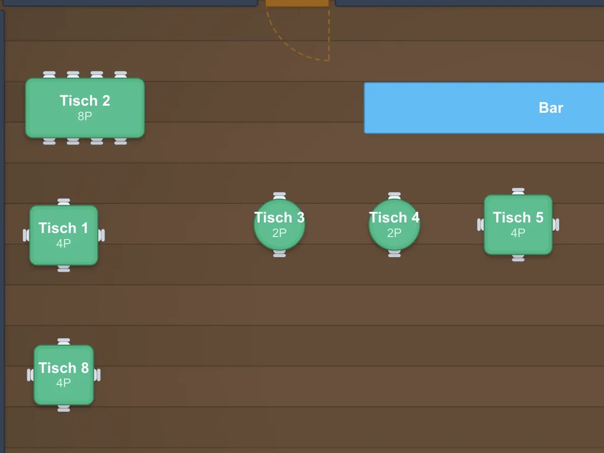 Tischplan-Editor: Der eingerichtete Gastraum mit Tischen, Bar und Terrasse samt Live-Status